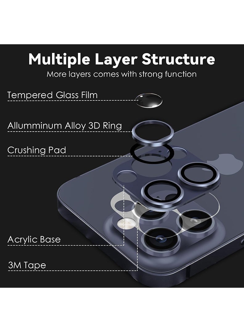 Theodor iPhone 15 Pro Max/ 15 Pro  Camera Lens Protector With 9H Tempered Glass Camera Ring Anti Scratch Metal Plate [Drop Protection], Case Friendly Camera Cover, Blue Titanium - Image 3